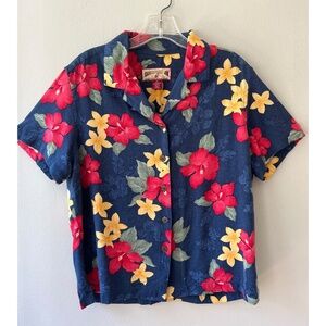 Caribbean Joe Sz M Hawaiian Shirt Blue Red Floral Aloha Button Up Short Sleeve